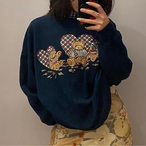 cuff neck teddy bear print sweater